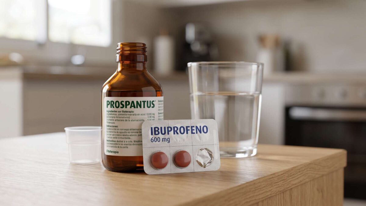 Frasco de jarabe Prospantus con vasito dosificador junto a pastillas de ibuprofeno 600 mg y vaso de agua en mesa de cocina.