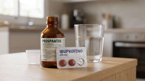 Frasco de jarabe Prospantus con vasito dosificador junto a pastillas de ibuprofeno 600 mg y vaso de agua en mesa de cocina.