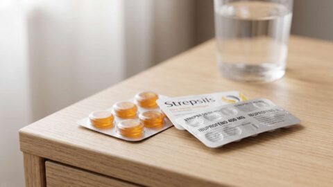 Pastillas para chupar Strepsils junto a un blíster de ibuprofeno y un vaso con agua en una mesita.