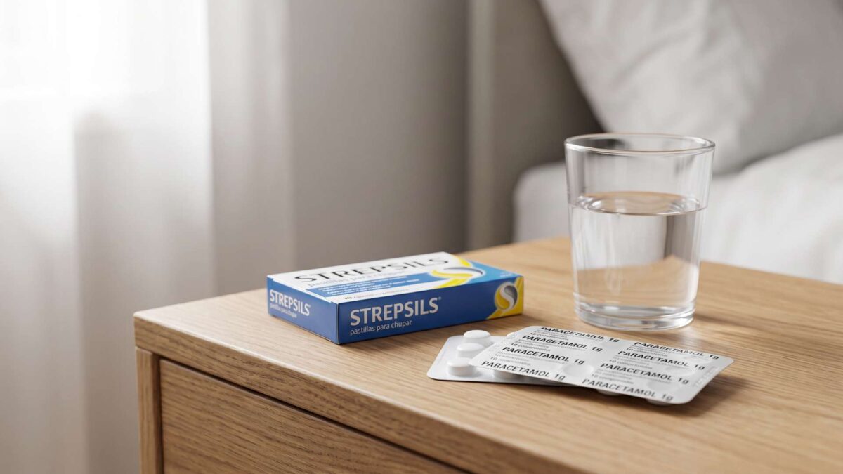 Caja de Strepsils con pastillas para chupar y blíster de paracetamol junto a un vaso con agua en una mesita de madera