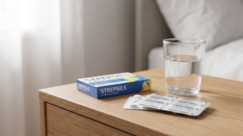 Caja de Strepsils con pastillas para chupar y blíster de paracetamol junto a un vaso con agua en una mesita de madera
