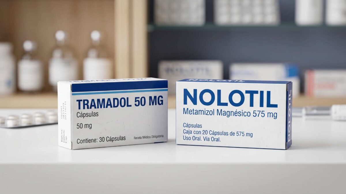 ¿Se puede tomar Tramadol y Nolotil juntos? 3 Cajas de Tramadol 50 mg y Nolotil metamizol dispuestas sobre el mostrador de una farmacia.