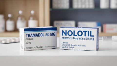 Cajas de Tramadol 50 mg y Nolotil metamizol dispuestas sobre el mostrador de una farmacia.
