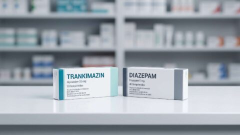 Cajas de Trankimazin y diazepam situadas junto a un prospecto sobre el mostrador de una farmacia