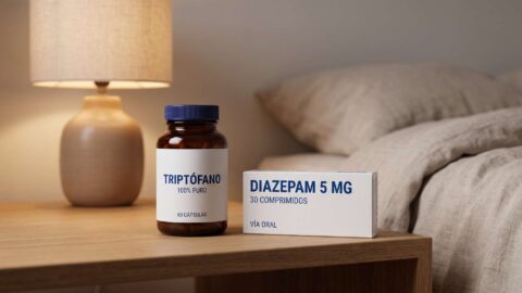 Frasco de triptofano junto a caja de diazepam sobre una mesita de noche iluminada.