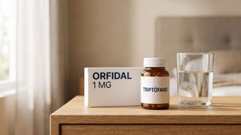 Caja de Orfidal de 1 mg junto a un frasco de triptofano y un vaso de agua sobre una mesita de noche.