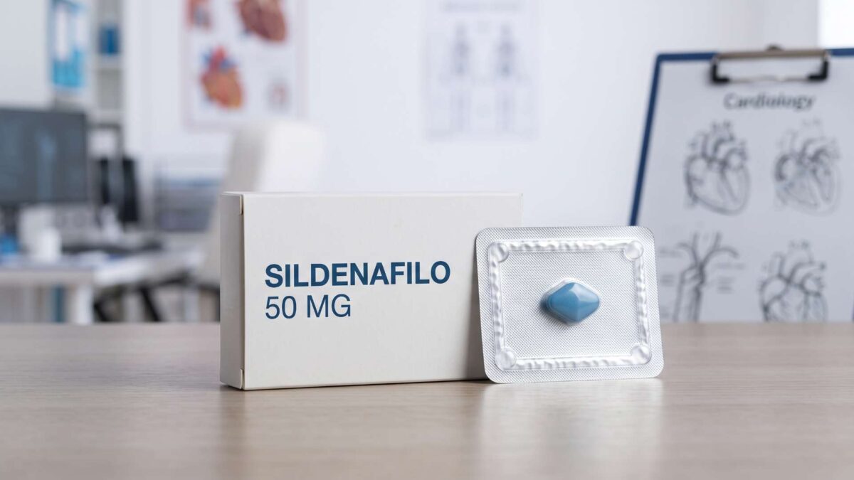 Caja de sildenafilo 50 mg y pastilla en consulta de cardiología para valorar el uso de Viagra con stent.