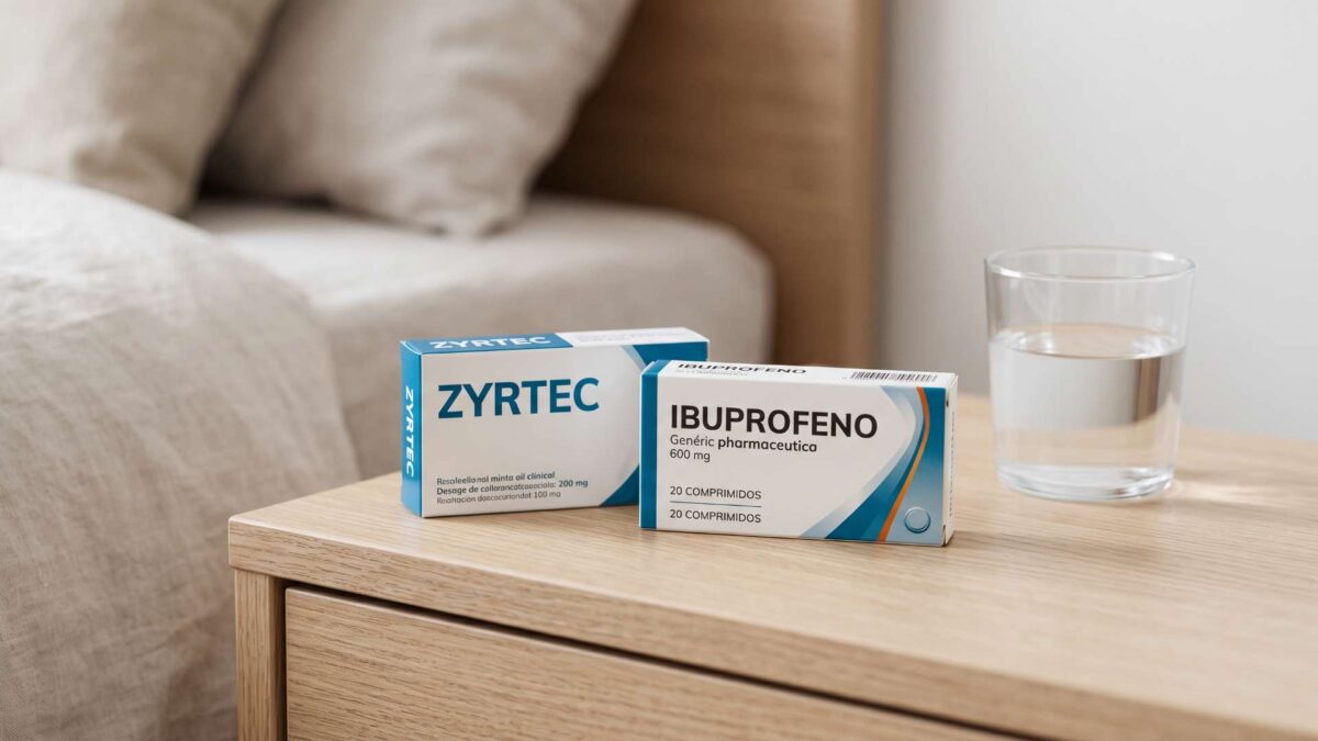 ¿Se puede tomar Zyrtec e ibuprofeno? 3 Cajas de Zyrtec e ibuprofeno sobre una mesita de noche de madera junto a un vaso de agua.