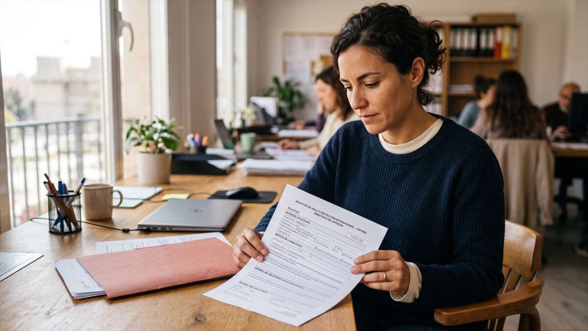Mujer revisando formulario de solicitud de asilo y protección internacional en un escritorio en España.