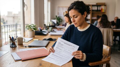 Mujer revisando formulario de solicitud de asilo y protección internacional en un escritorio en España.