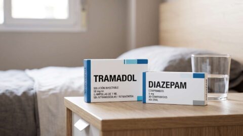 Cajas de Tramadol y Diazepam sobre una mesita de noche junto a un vaso de agua frente a una cama.