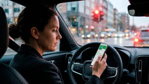 Conductora mirando el GPS del móvil al volante de un coche detenido en un semáforo en rojo.
