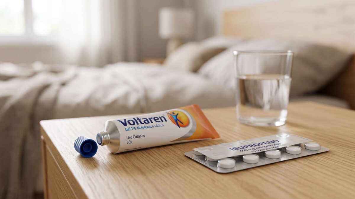 ¿Se puede tomar Voltaren (gel) con ibuprofeno oral? 3 Tubo de gel Voltaren abierto junto a un blíster de comprimidos de ibuprofeno oral y un vaso de agua en la mesilla