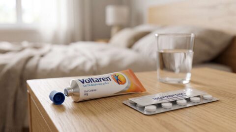 Tubo de gel Voltaren abierto junto a un blíster de comprimidos de ibuprofeno oral y un vaso de agua en la mesilla